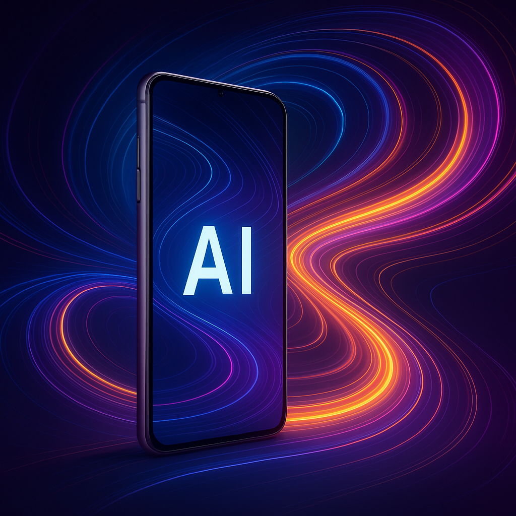 Illustration of a smartphone with AI waves and digital swirls, representing generative AI technology for videos.